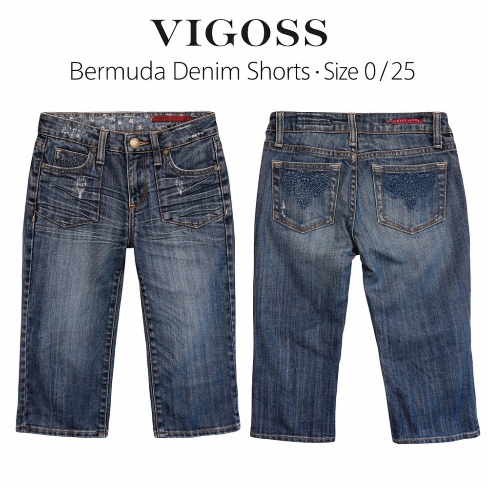 Vigoss Bermuda Denim Shorts Size 0 Long Jean Shorts Low Rise Stretch Blue